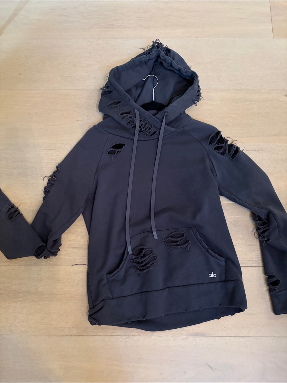 ALO Yoga Black Distressed Cowl Hoodie Sweater
